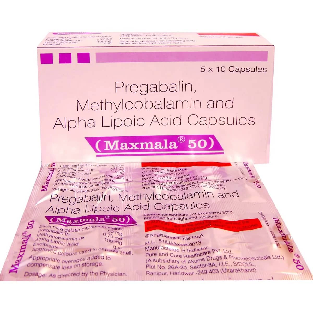 Maxmala Capsules (Pregabalin/Methylcobalamin/Alpha Lipoic Acid) 50 mg