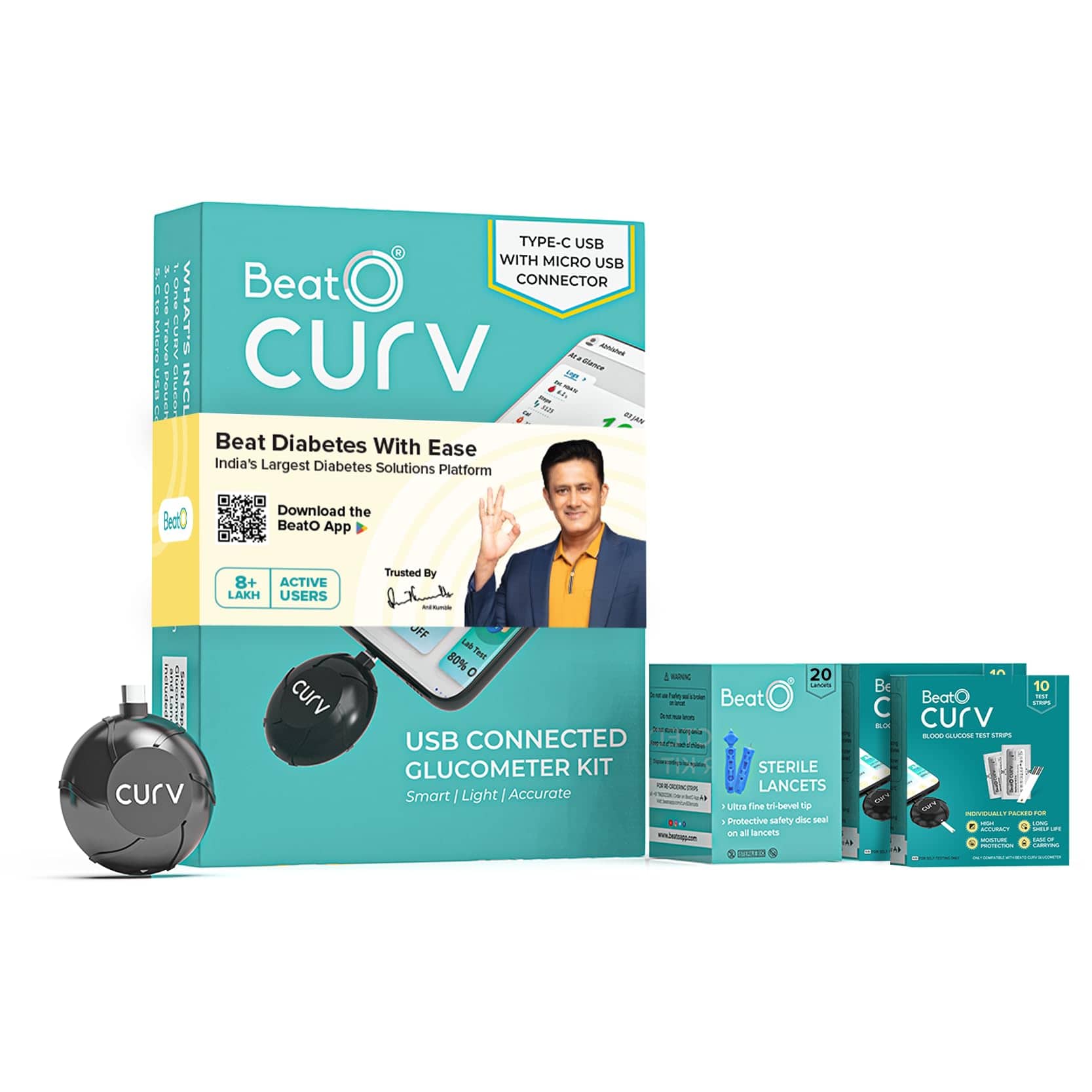 BeatO Curv Smartphone Connected Glucometer Sugar Testing Machine with 100 Strips
