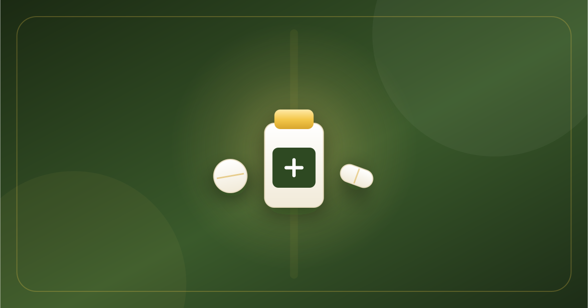 A supplement bottle with tablets and a capsule — everyday vitamins, minerals and supplements