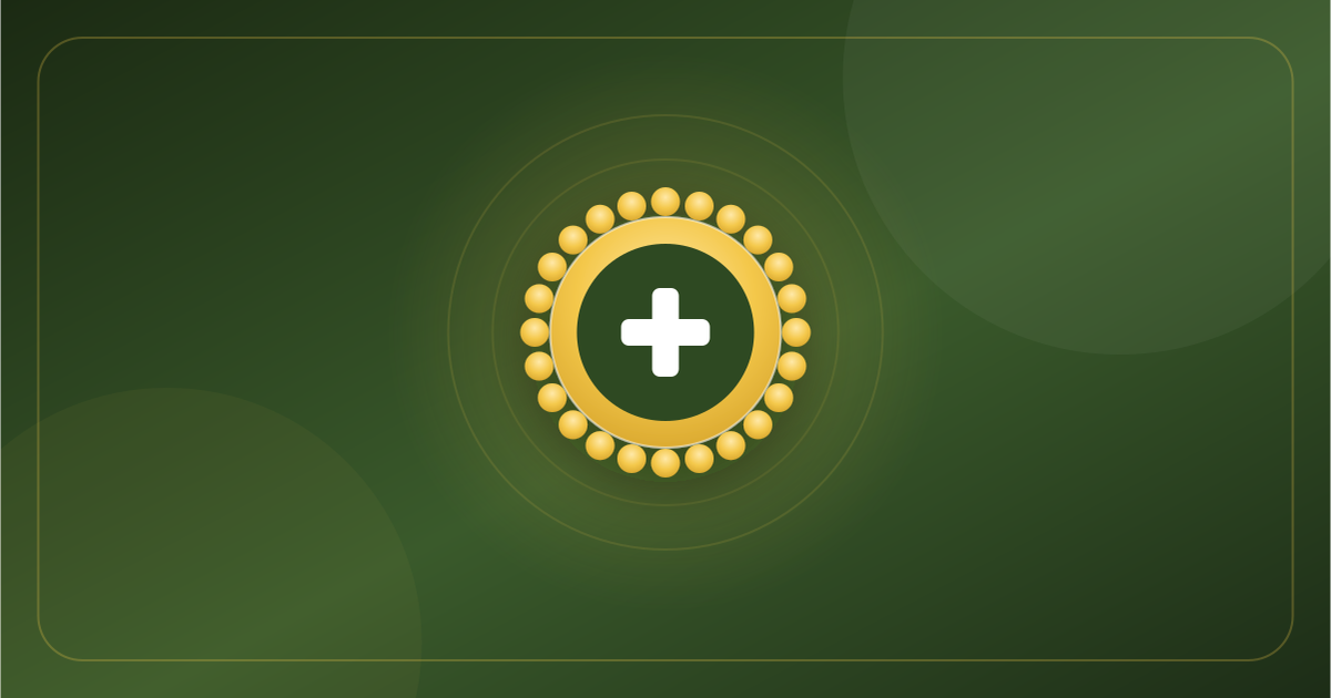 A gold verified seal with a green pharmacy cross, surrounded by small check badges